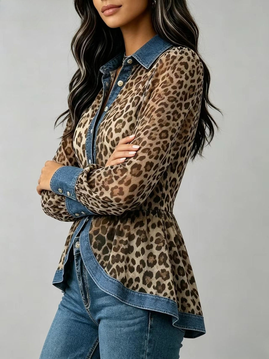brown blouse featuring buttoned and leopard