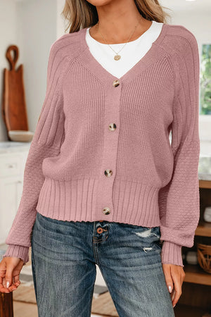 Dusty Pink cardigan featuring buttoned and ribbed knit