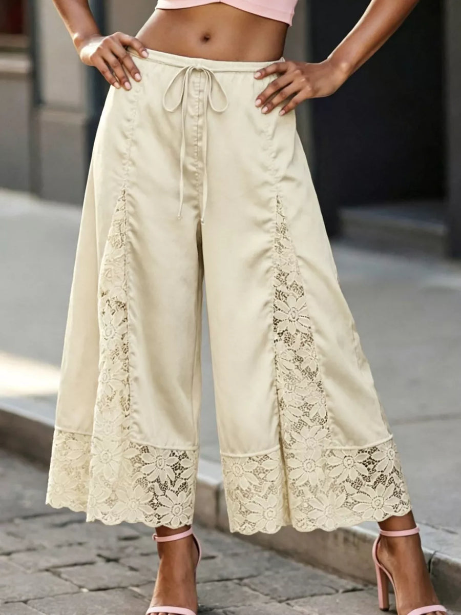 Pink with Lace Trim Wide-leg Cropped Pants in Pink