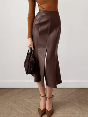 dark brown midi skirt with midi and side-zip