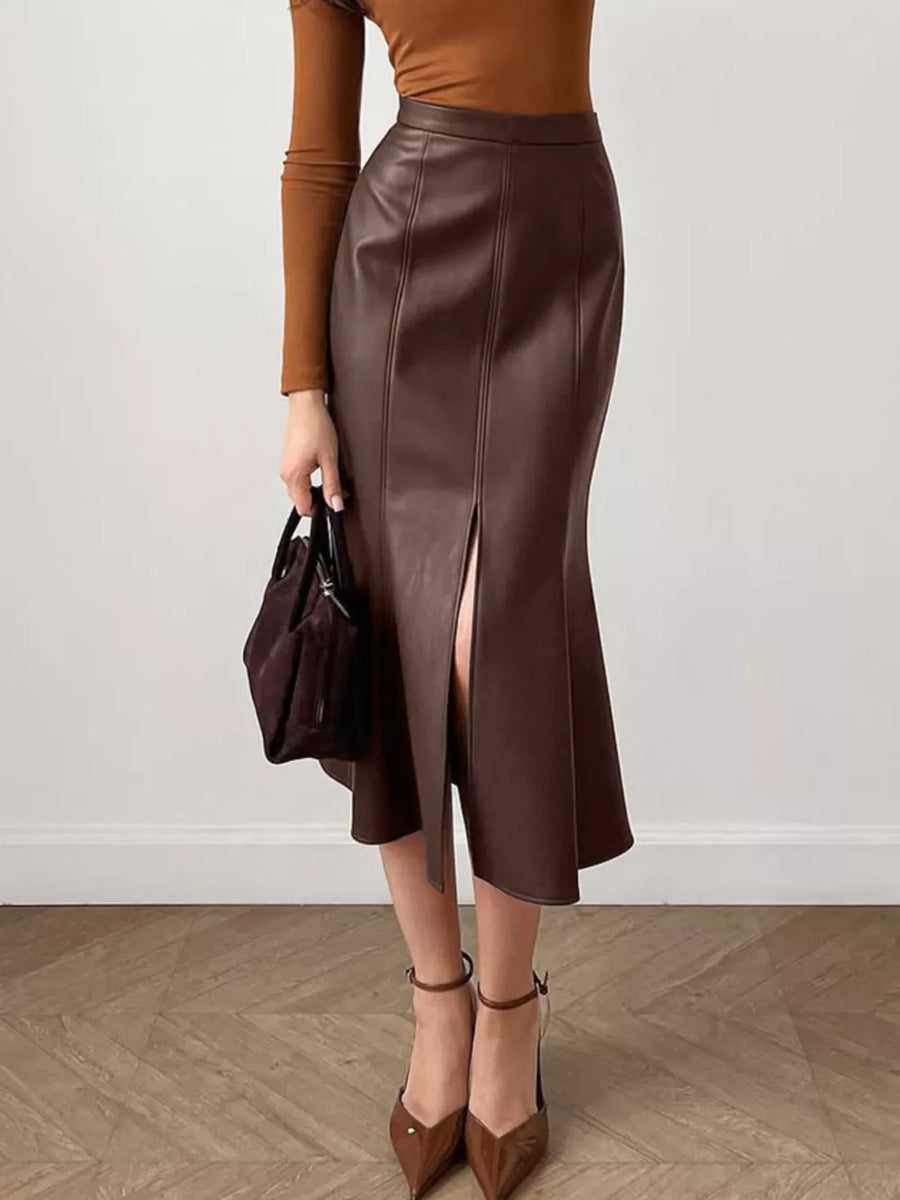 dark brown midi skirt with midi and side-zip