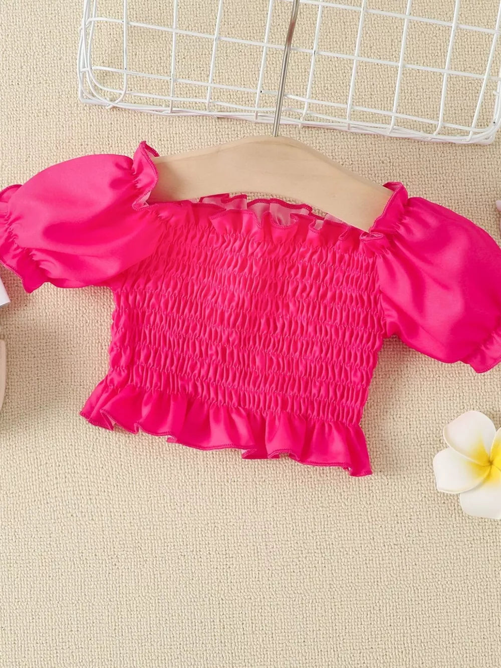 Children's Smocked Top And Denim Skirt Set in Rose Red
