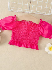 Children's Smocked Top And Denim Skirt Set in Rose Red