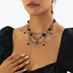 Black with Gothic Cross Pendant Necklace Alloy Resin in Black