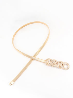 Gold elastic waist belt with intertwined knot detail and buckle closure