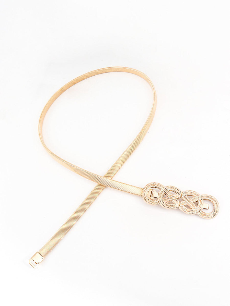 Gold elastic waist belt with intertwined knot detail and buckle closure