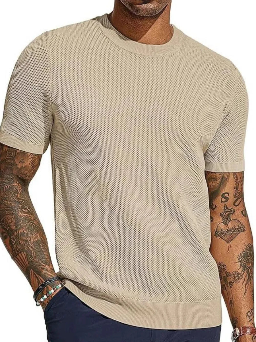 Khaki textured knit crewneck tee with short sleeves and a relaxed fit.