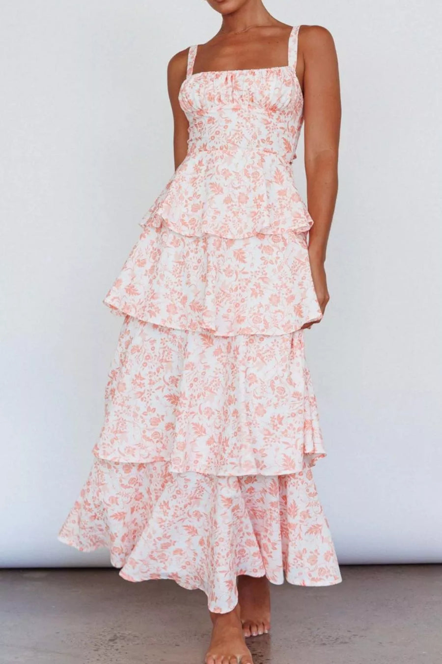 Tiered maxi dress with square neckline and floral print