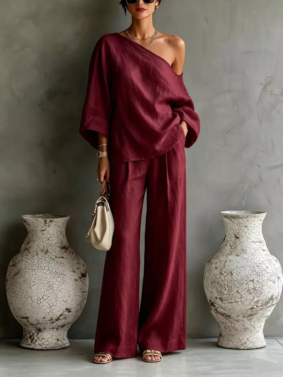 One Shoulder Top And Wide Leg Pants Set in Apricot