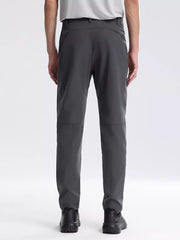 Dark gray sweatpants with a relaxed fit and zippered back pockets.