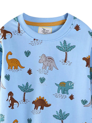 Light blue cotton blend sweatshirt with playful dinosaur print and palm trees.