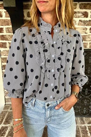 Black blouse with hip-length and button-front