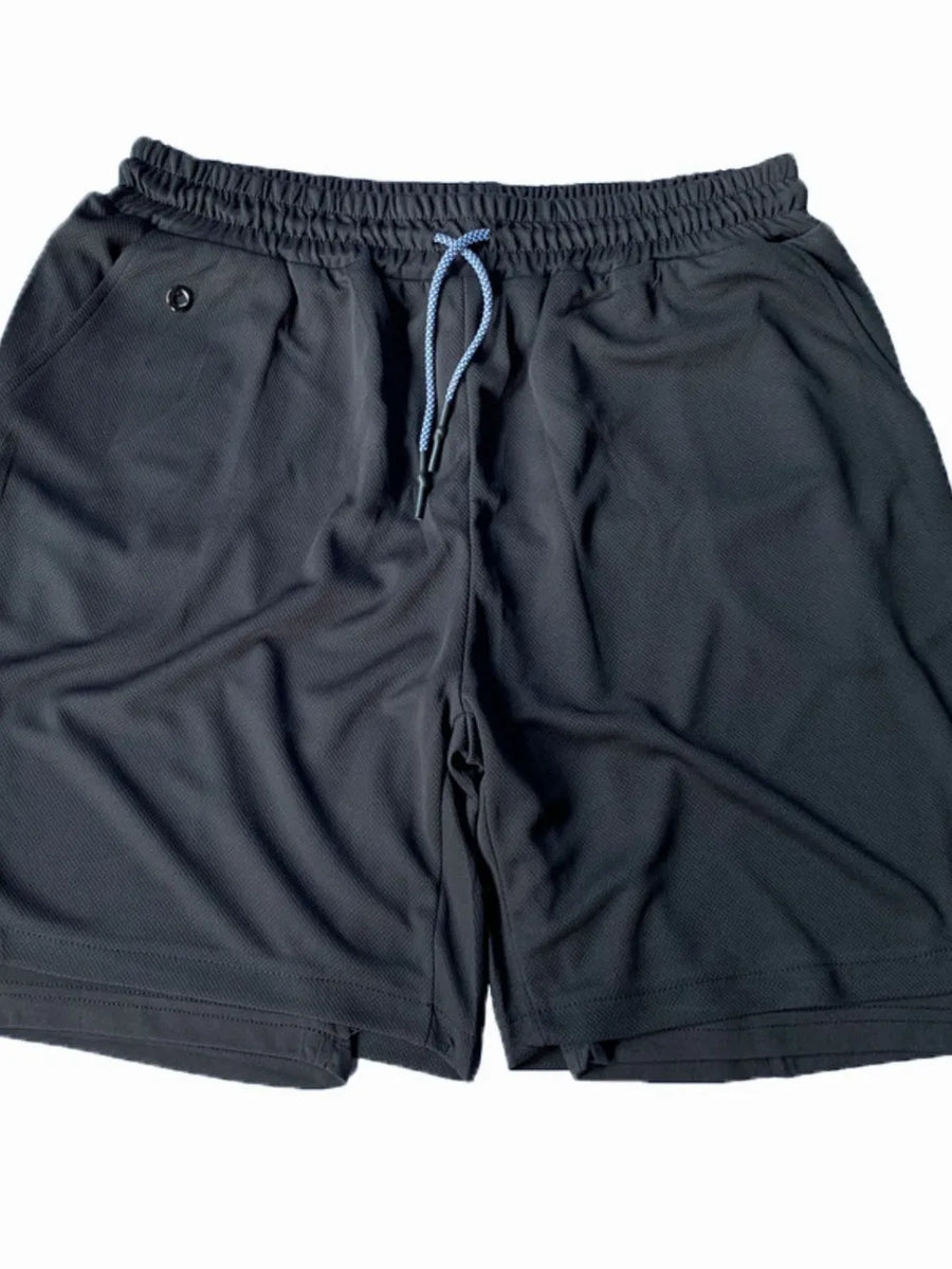 Black dual-layered performance shorts with drawstring and phone pocket detail.