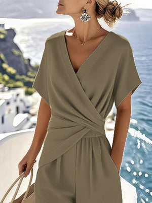 Khaki twist-front V-neck top and pants set with short sleeves and a cinched waist.