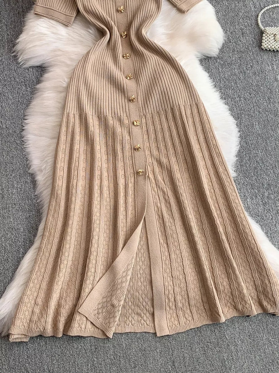 Camel ribbed knit midi dress with gold button detail and front slit
