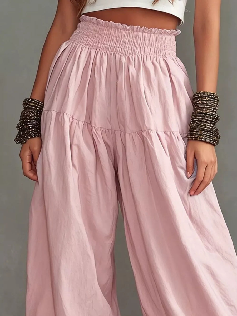 Full Size Smocked Ruffle Hem Wide Leg Pants in Blush Pink