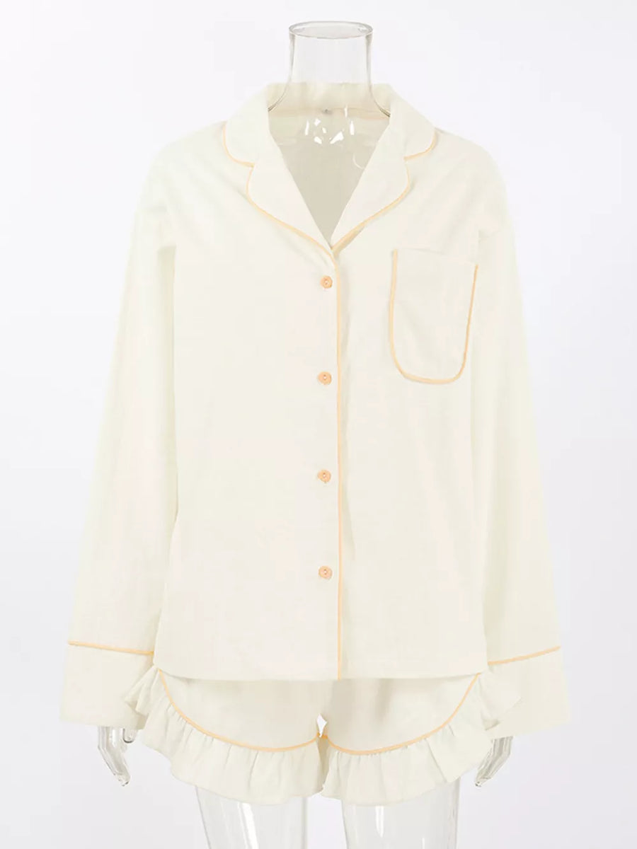 pajama set in Beige with buttoned and hip-length top, mini shorts