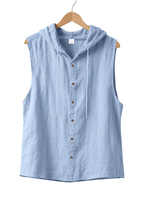 Light blue cotton hooded sleeveless shirt with button front and drawstring detail