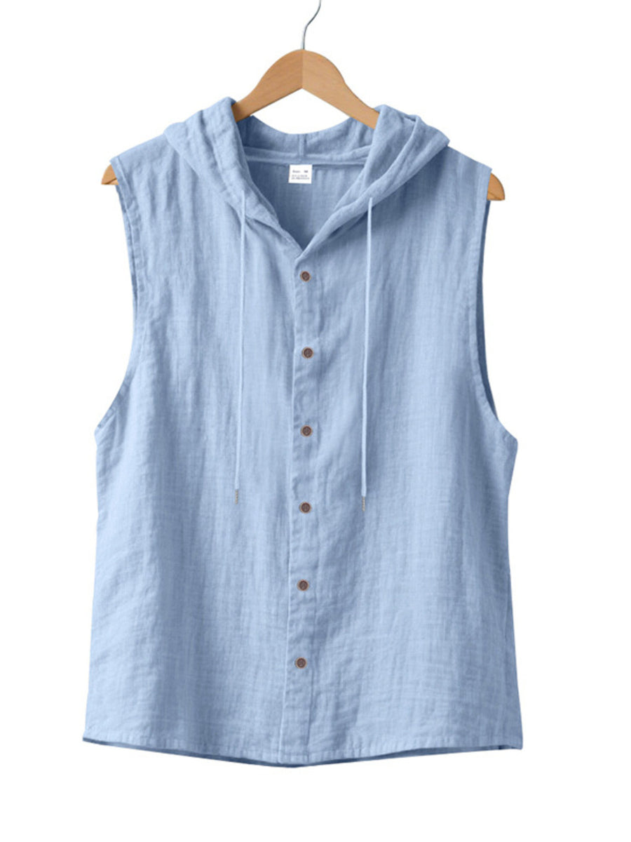 Light blue cotton hooded sleeveless shirt with button front and drawstring detail