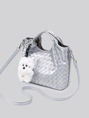 Metallic Woven Shoulder Bag With Plush Bear Charm in Silver