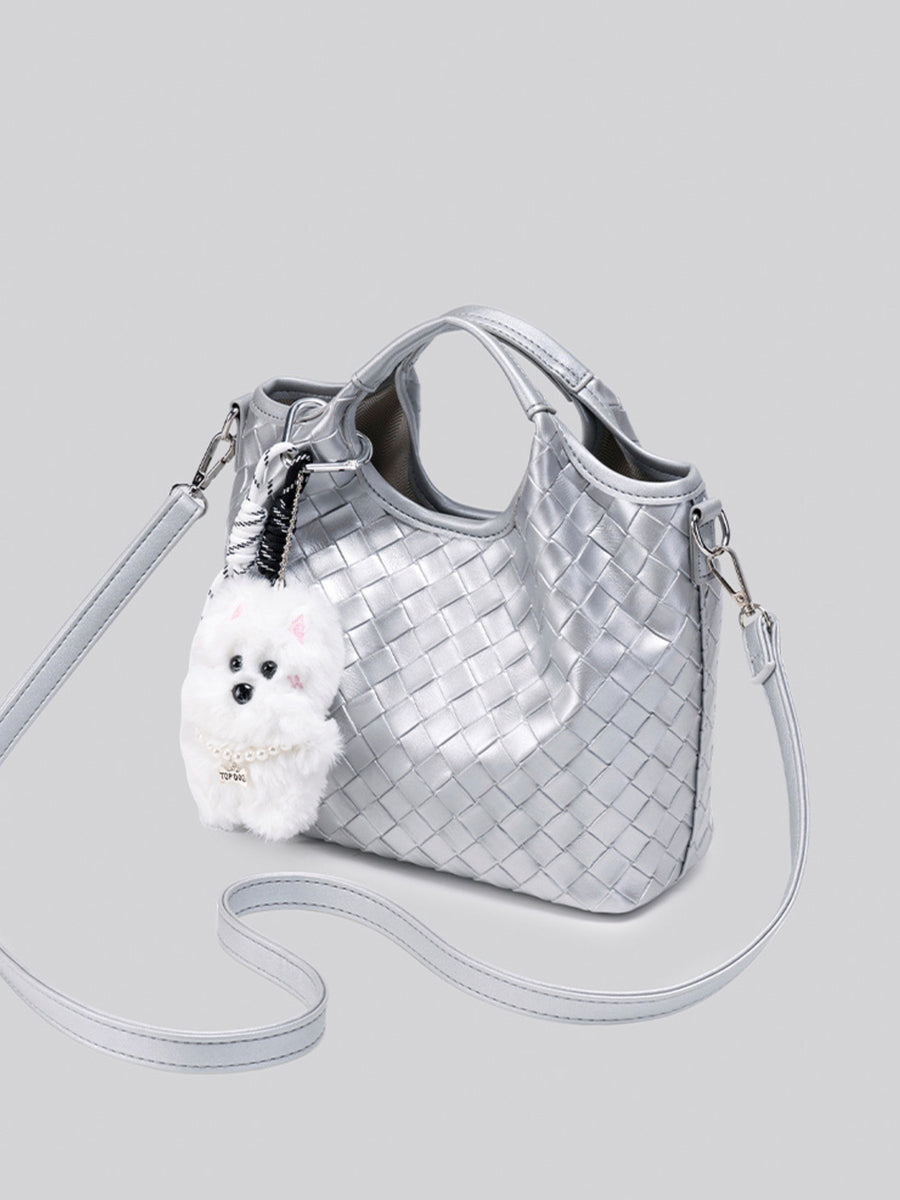 Metallic Woven Shoulder Bag With Plush Bear Charm in Silver