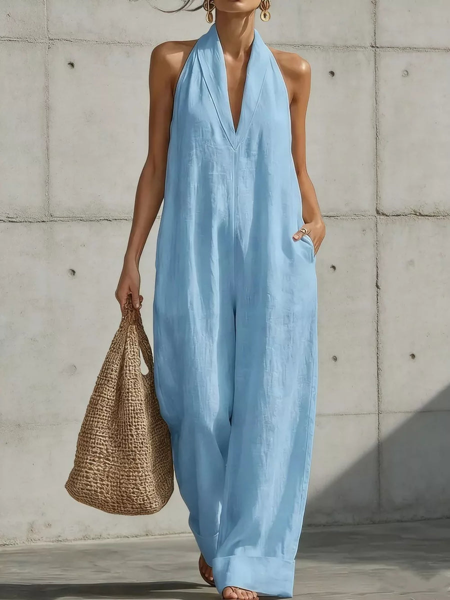 Sky Blue Full Size Halter Neck Wide-leg Jumpsuit Plus Size