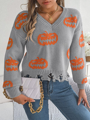 light gray pullover sweater with pumpkin and v-neck