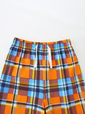 Baby plaid shorts with elastic waist and drawstring, orange, blue, brown, yellow.