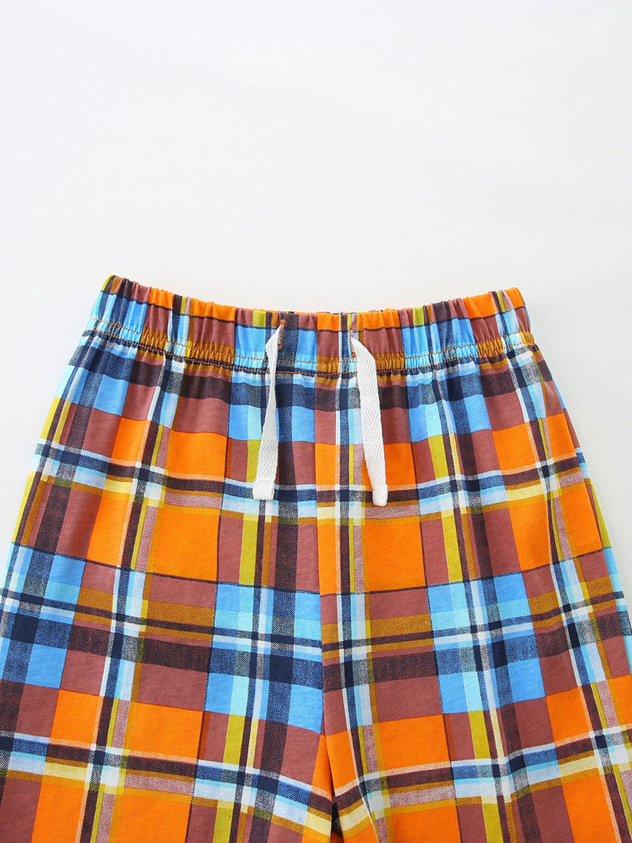 Baby plaid shorts with elastic waist and drawstring, orange, blue, brown, yellow.