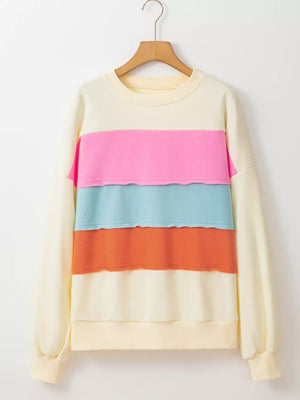 Colorblock Patchwork Crewneck Sweatshirt in Cream