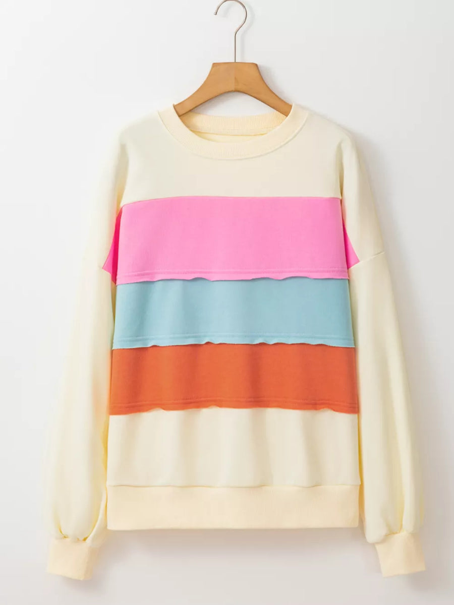 Colorblock Patchwork Crewneck Sweatshirt in Cream
