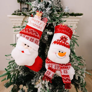 Red and white Santa and Snowman Christmas stockings with Merry Christmas text.