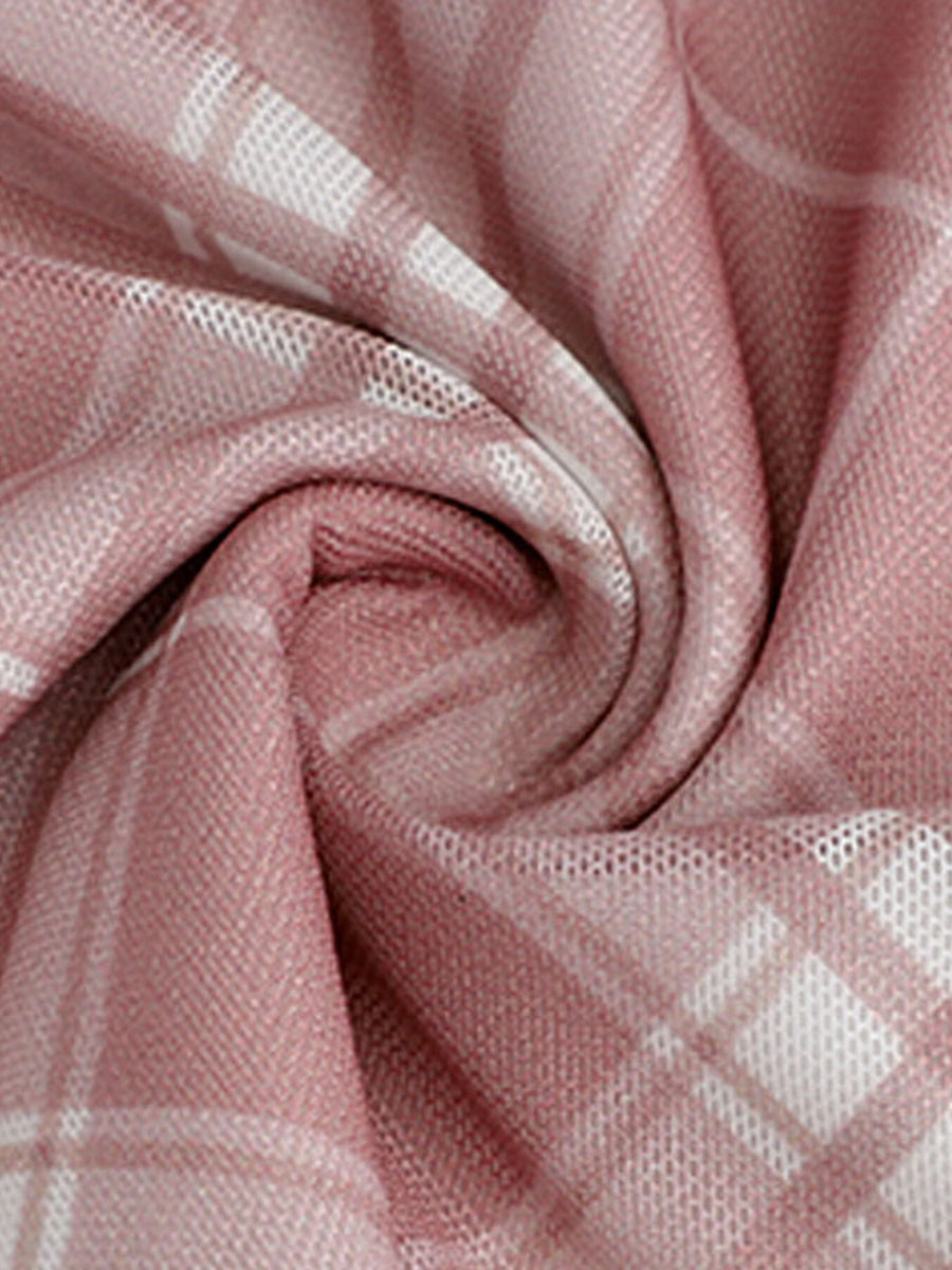 Plaid ruffle trim tank top in mesh fabric with pink and white pattern.