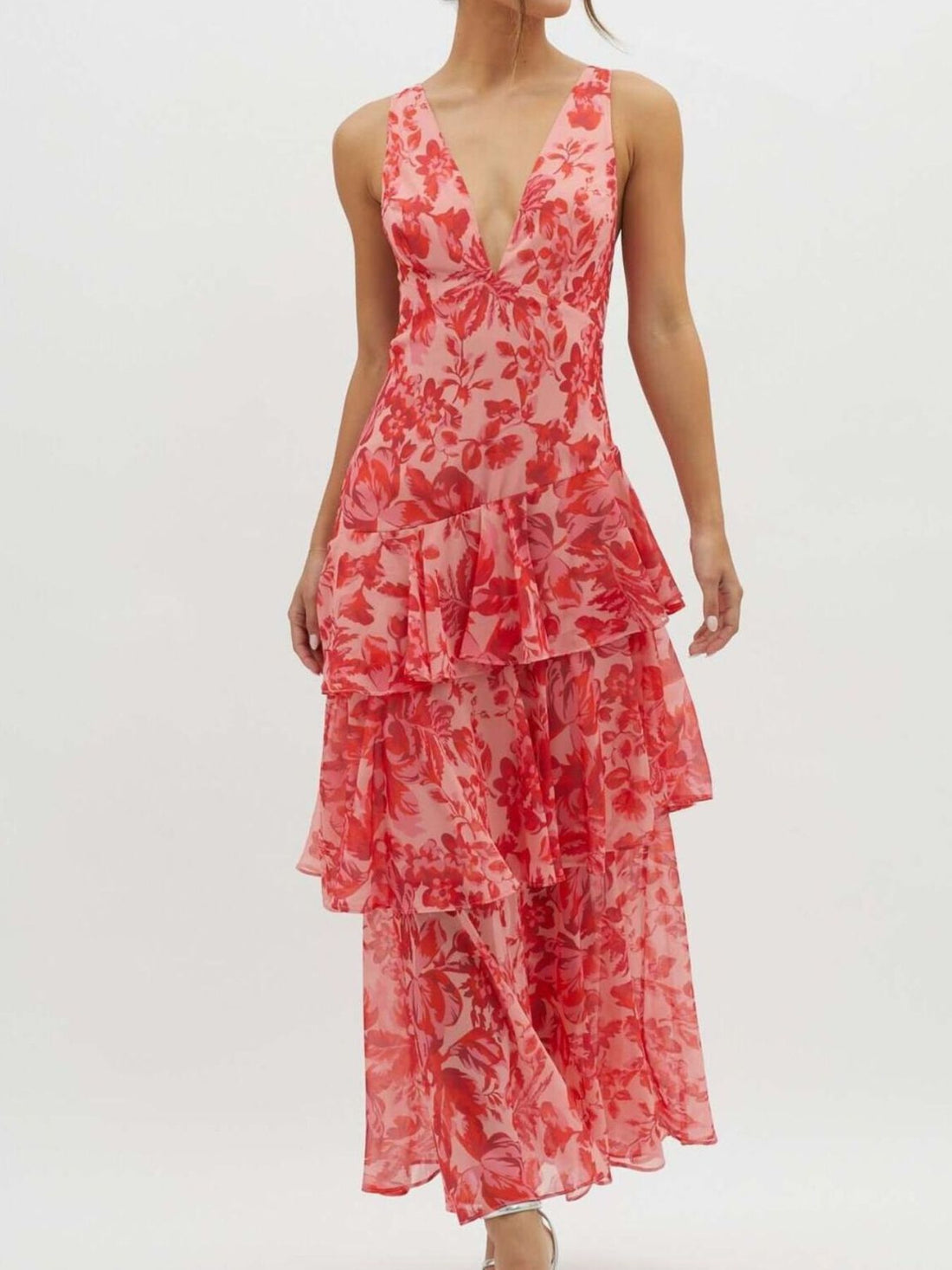 blush pink maxi dress with floral and v-neck