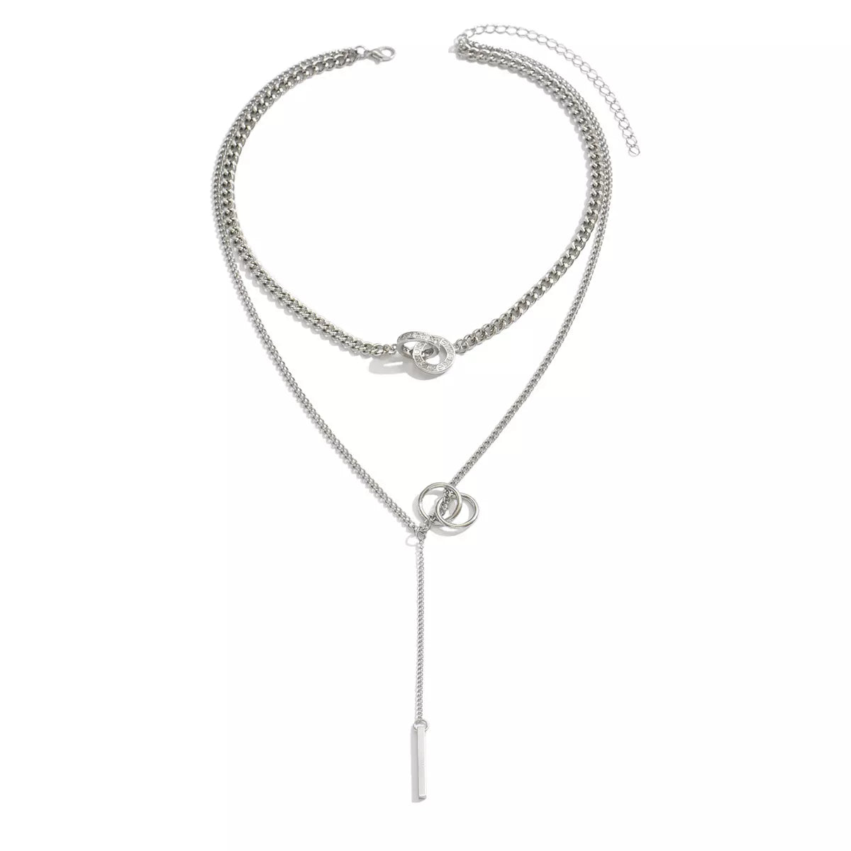 Silver layered Y-shaped pendant necklace with interlocking rings and bar detail.