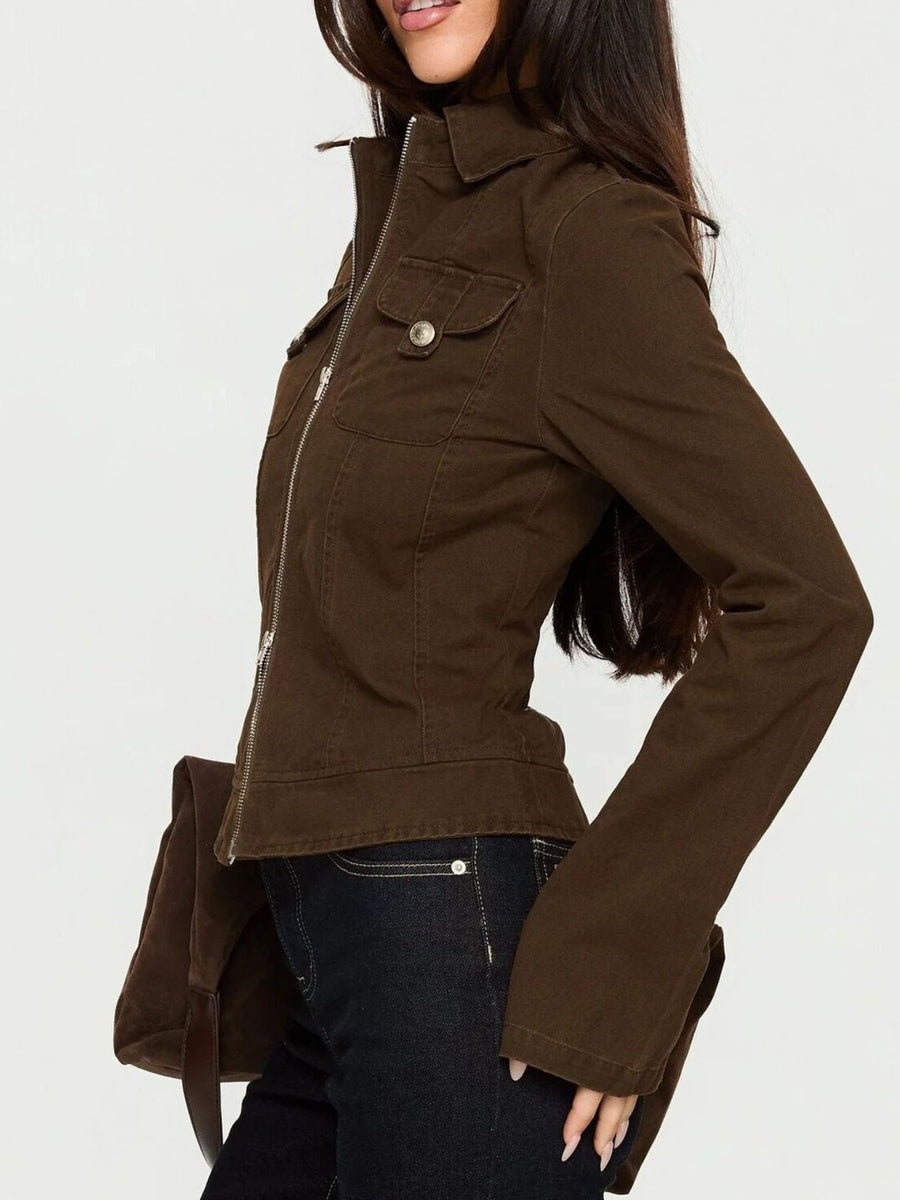 dark brown jacket with cropped and zip-front