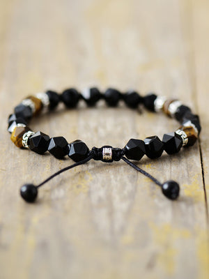 Adjustable black agate and caramel stone bead bracelet with silver accents