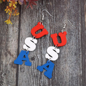 Patriotic USA letter drop earrings in red, white, and blue alloy.