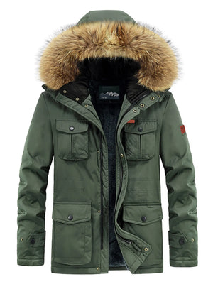 Green parka with fur hood, multiple utility pockets, and fleece lining for men.