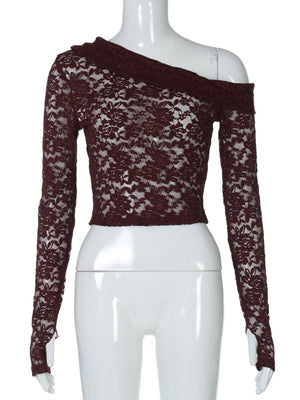 Sheer lace one-shoulder top with floral pattern and long sleeves in burgundy.