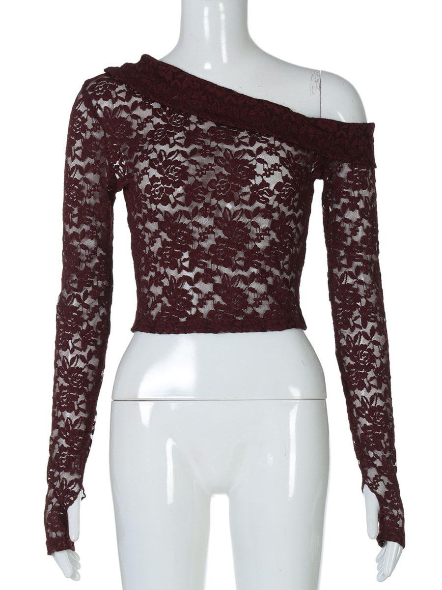 Sheer lace one-shoulder top with floral pattern and long sleeves in burgundy.