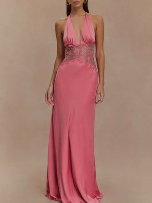 Fuchsia pink lace trim halter neck maxi dress with plunging neckline and satin finish.
