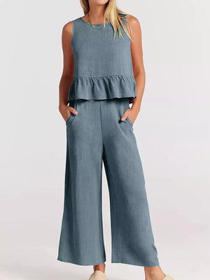 Orange Ruffled Hem Sleeveless Top And Wide-leg Pants Set Plus Size