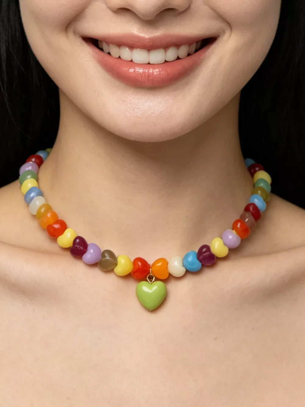 necklace in lime green featuring heart-shaped beads and not applicable fit