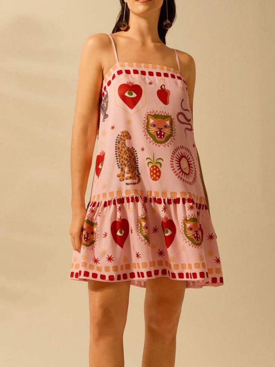 Pink mini dress with eclectic animal and heart print, ruffled hem, and square neckline.