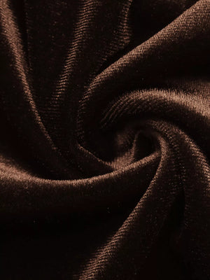 Brown velvet blouse with a V-neckline and lace trim detail.
