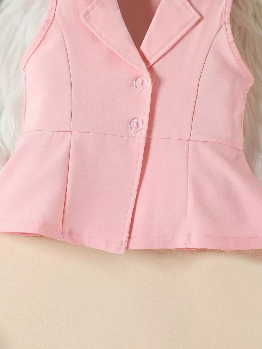 Pink sleeveless blazer with peplum detail and button closure