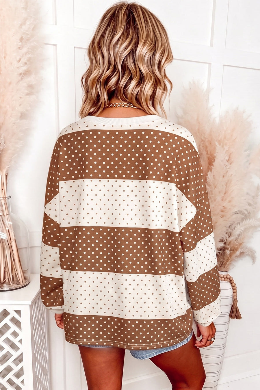 cream long sleeve top featuring stretchy and polka dot, color-block
