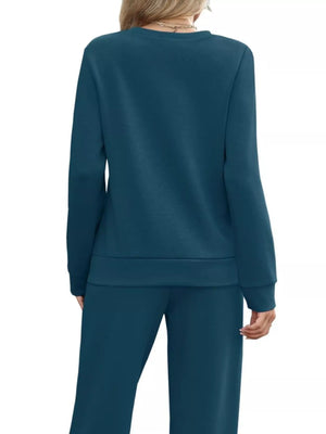 Peacock blue casual long-sleeve top and wide-leg pants set with drawstring waist.