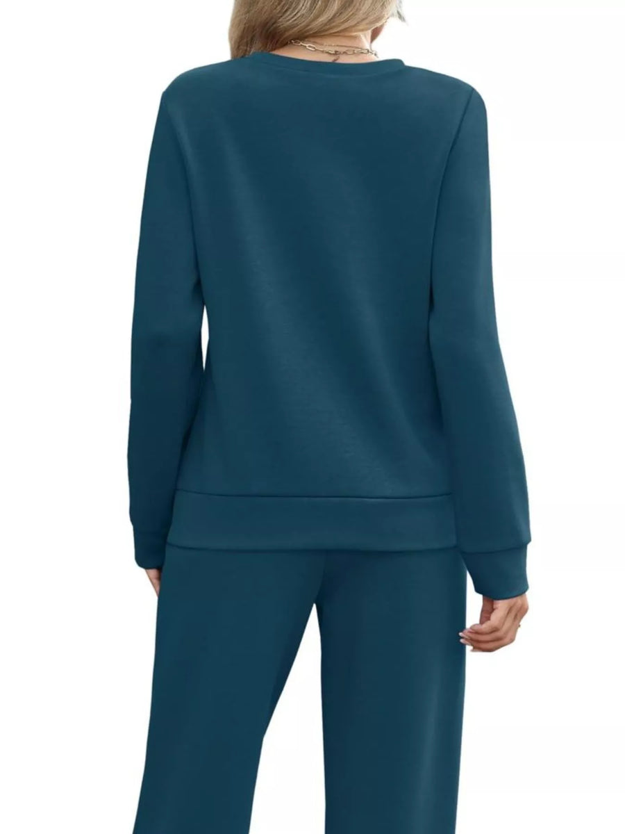Peacock blue casual long-sleeve top and wide-leg pants set with drawstring waist.